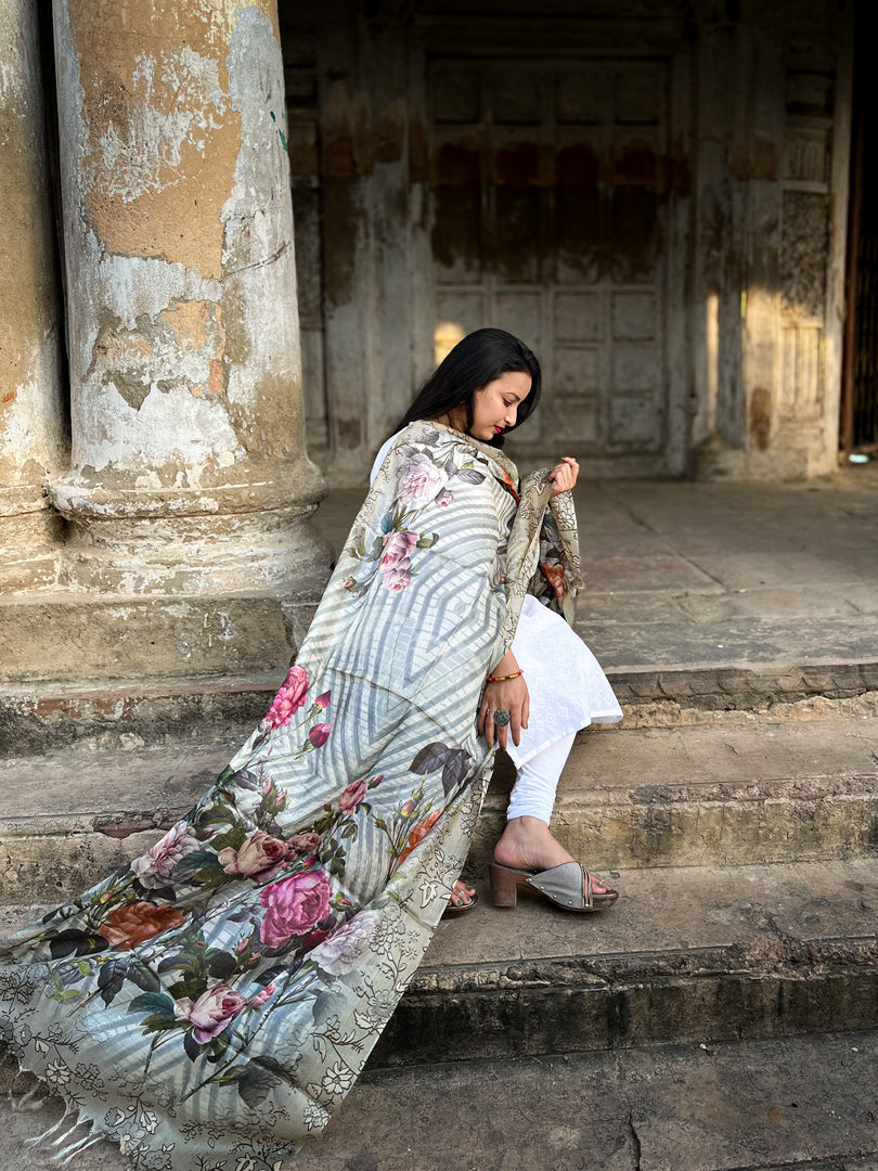 Subtle Beige Tussar Silk Dupatta with Bold Floral Motifs