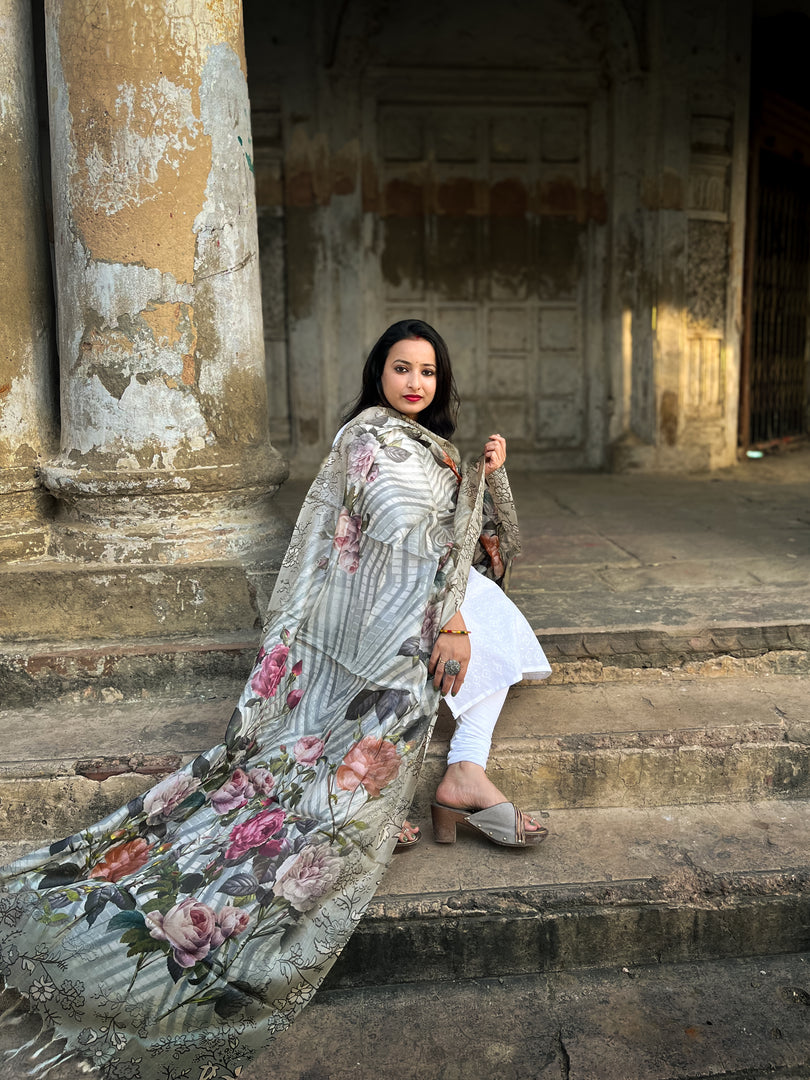 Subtle Beige Tussar Silk Dupatta with Bold Floral Motifs