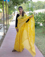 Load image into Gallery viewer, Vibrant Yellow Organza Saree with Elegant Woven Design for Celebrations
