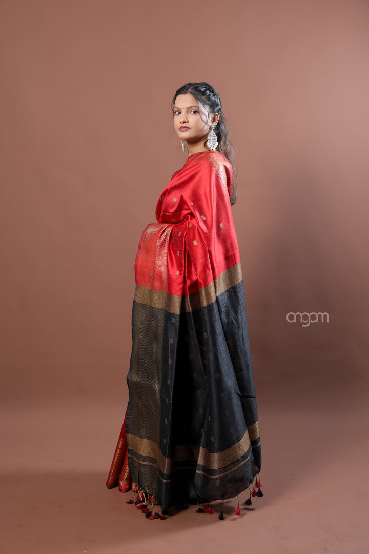Elegant Red Art Dupion Silk Saree with Black Contrast Pallu