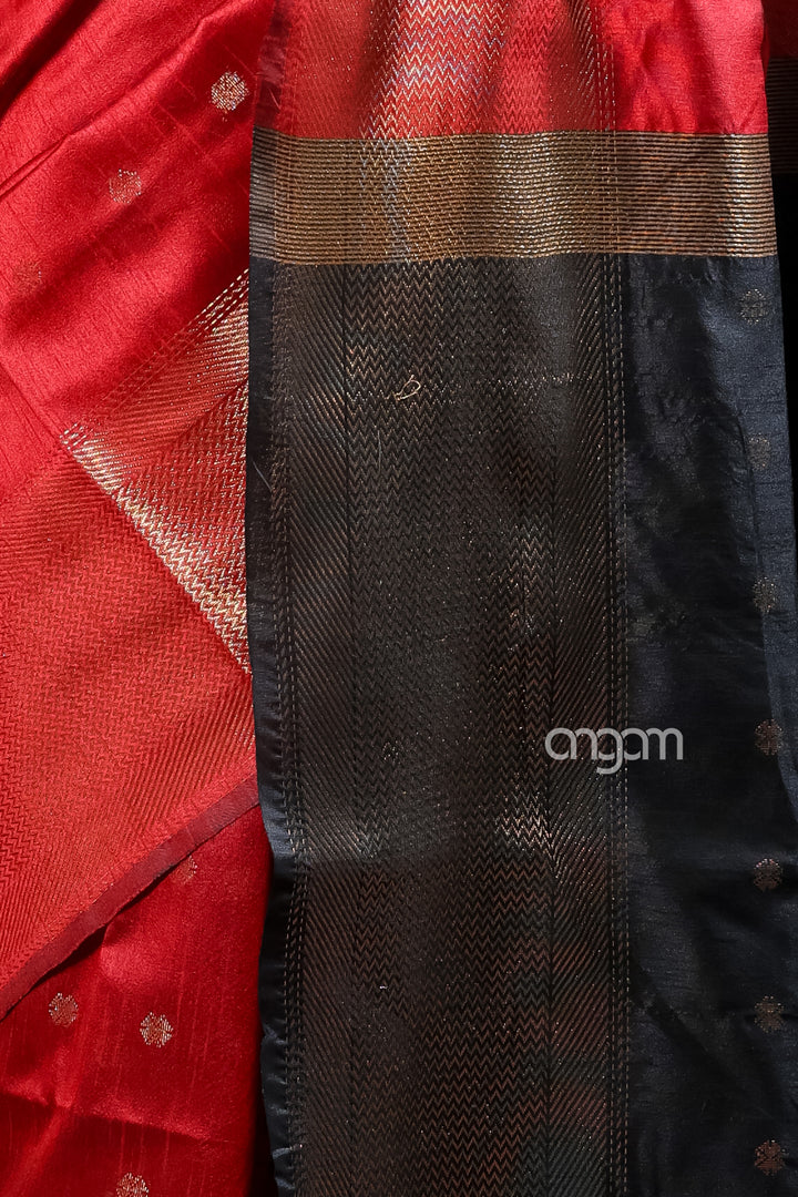 Elegant Red Art Dupion Silk Saree with Black Contrast Pallu