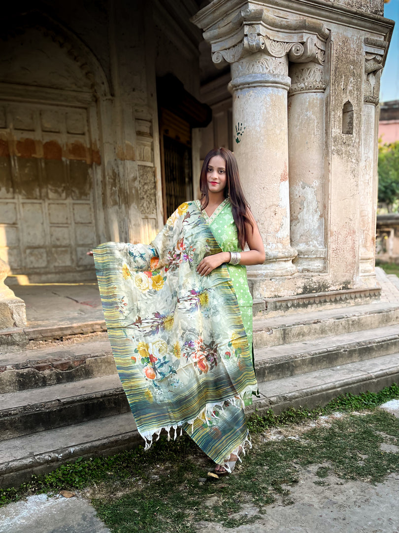 Vibrant Multicolor Tussar Silk Dupatta with Artistic Floral Stripes