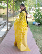 Load image into Gallery viewer, Vibrant Yellow Organza Saree with Elegant Woven Design for Celebrations
