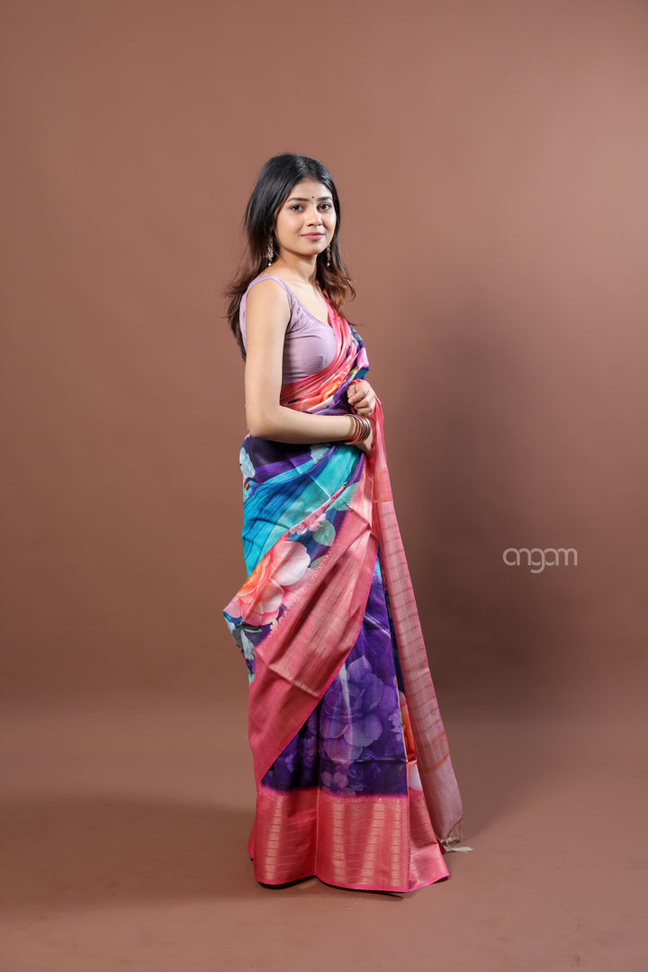 Vibrant Floral Kota Viscose Digital Print Saree with Pink Border
