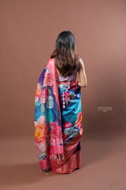 Vibrant Floral Kota Viscose Digital Print Saree with Pink Border