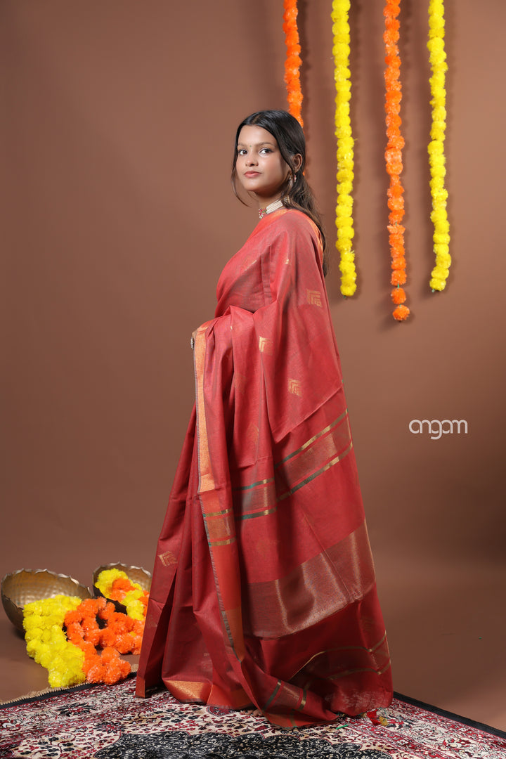 Rust Red Liva Saree with Zari Borders – Elegant Drape