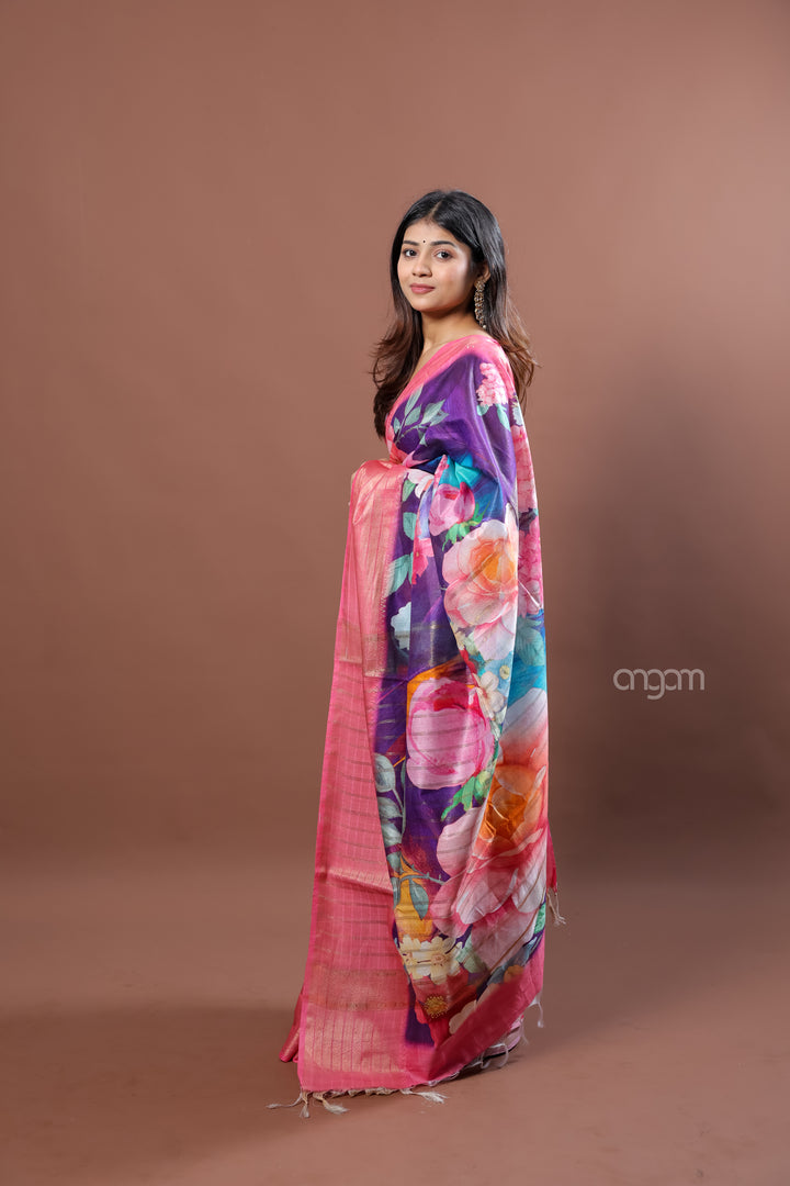Vibrant Floral Kota Viscose Digital Print Saree with Pink Border