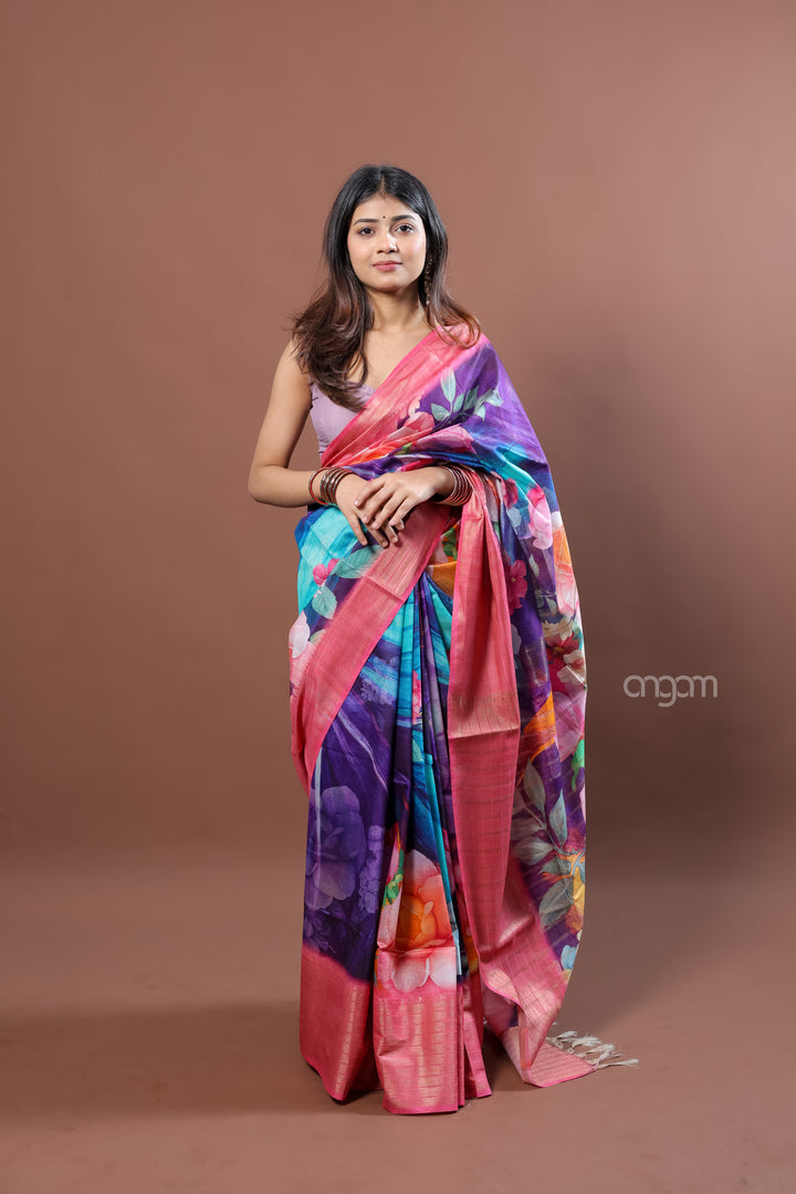 Vibrant Floral Kota Viscose Digital Print Saree with Pink Border