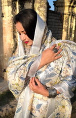 Load image into Gallery viewer, Elegant Cream Tussar Silk Dupatta with Soft Yellow Blossoms
