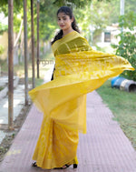 Load image into Gallery viewer, Vibrant Yellow Organza Saree with Elegant Woven Design for Celebrations
