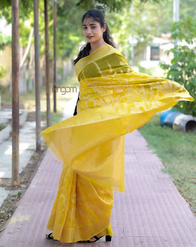 Vibrant Yellow Organza Saree with Elegant Woven Design for Celebrations