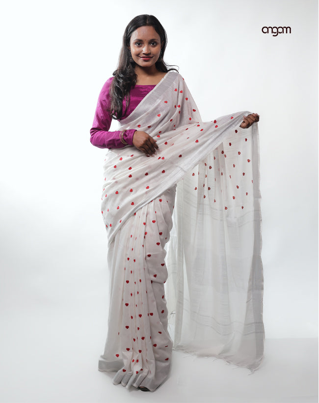 Elegant White Cotton Slub Saree with Delicate Red Heart Embroidery