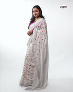 Load image into Gallery viewer, Elegant White Cotton Slub Saree with Delicate Red Heart Embroidery
