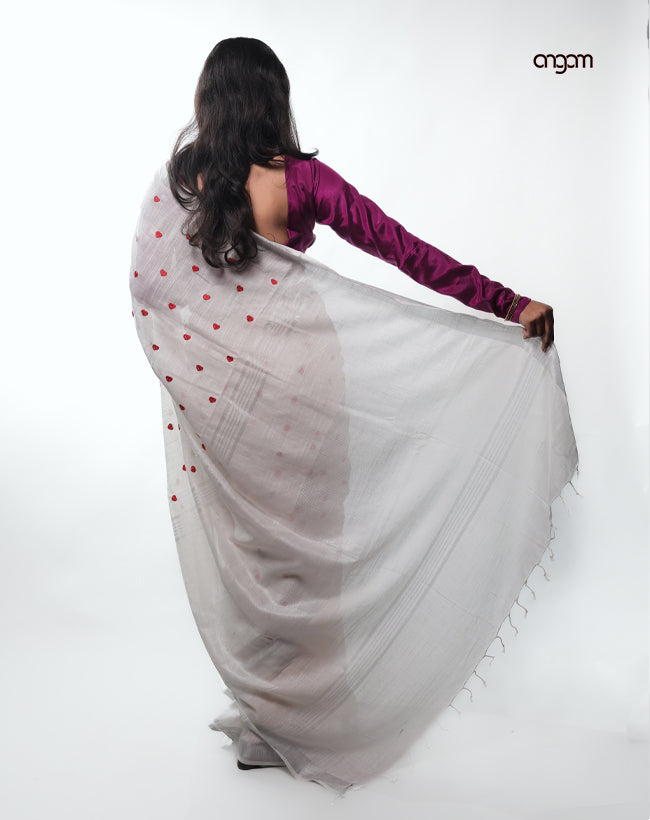 Elegant White Cotton Slub Saree with Delicate Red Heart Embroidery