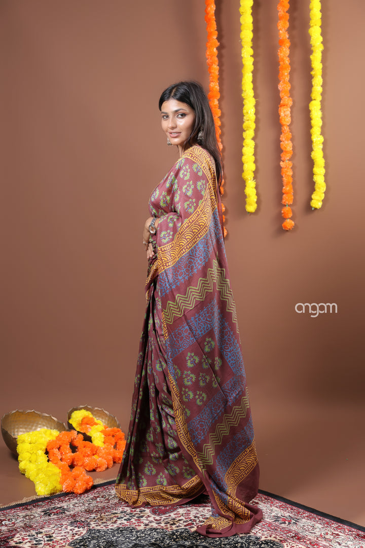 Elegant Maroon Cotton Silk Saree with Golden Border and Floral Motifs