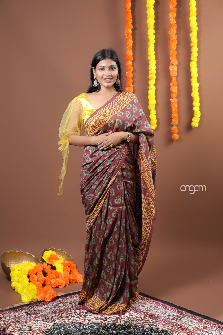 Elegant Maroon Cotton Silk Saree with Golden Border and Floral Motifs