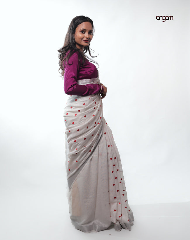 Elegant White Cotton Slub Saree with Delicate Red Heart Embroidery