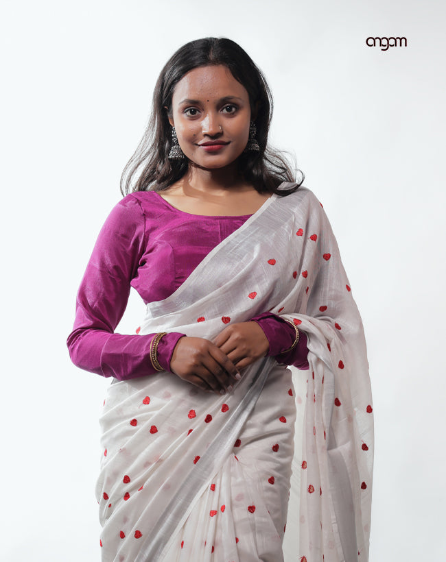 Elegant White Cotton Slub Saree with Delicate Red Heart Embroidery