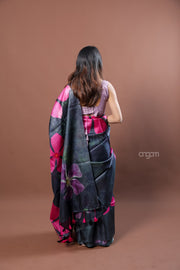Black Tussar Digital Print Saree with Bold Pink Floral Design
