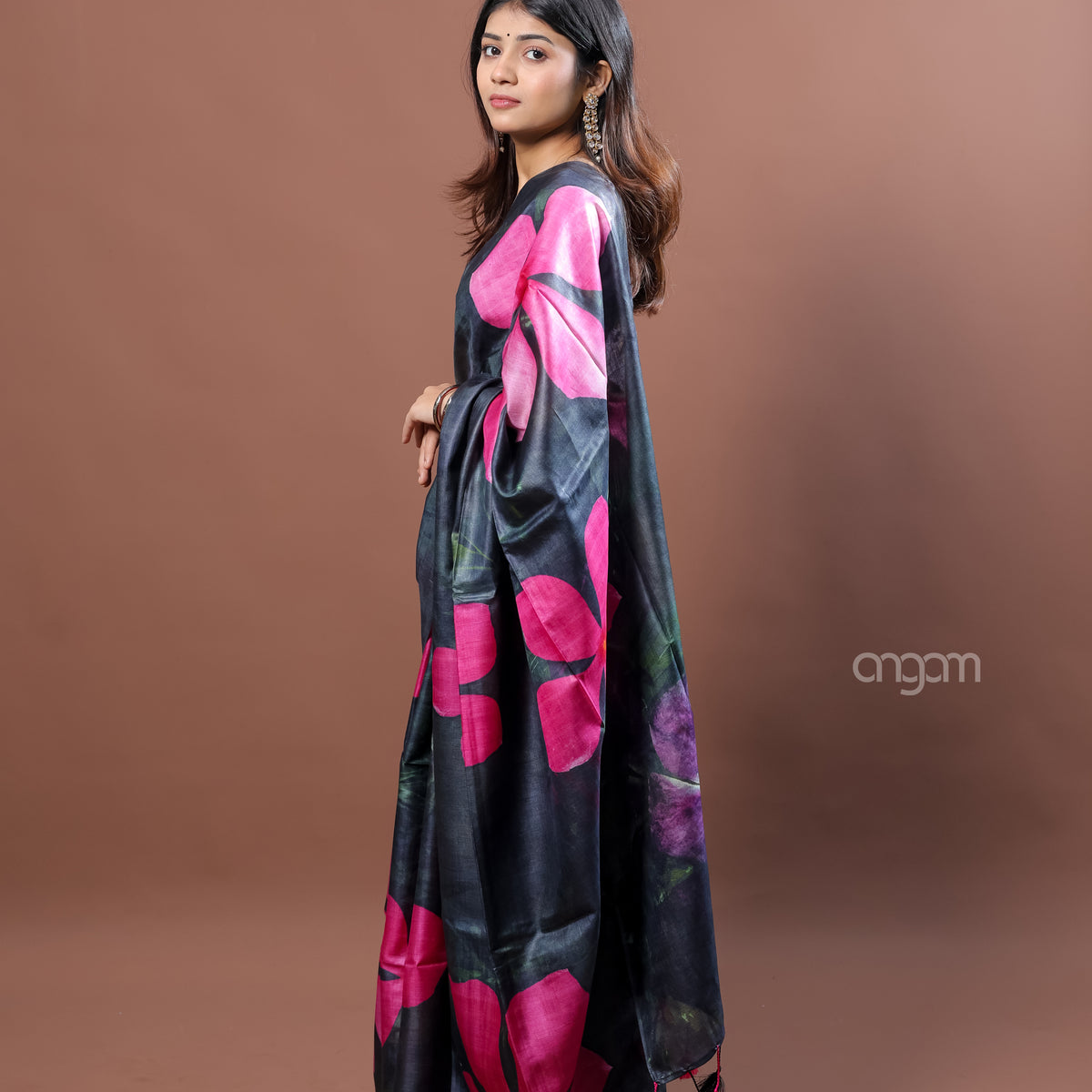 Black Tussar Digital Print Saree with Bold Pink Floral Design – Angam Store