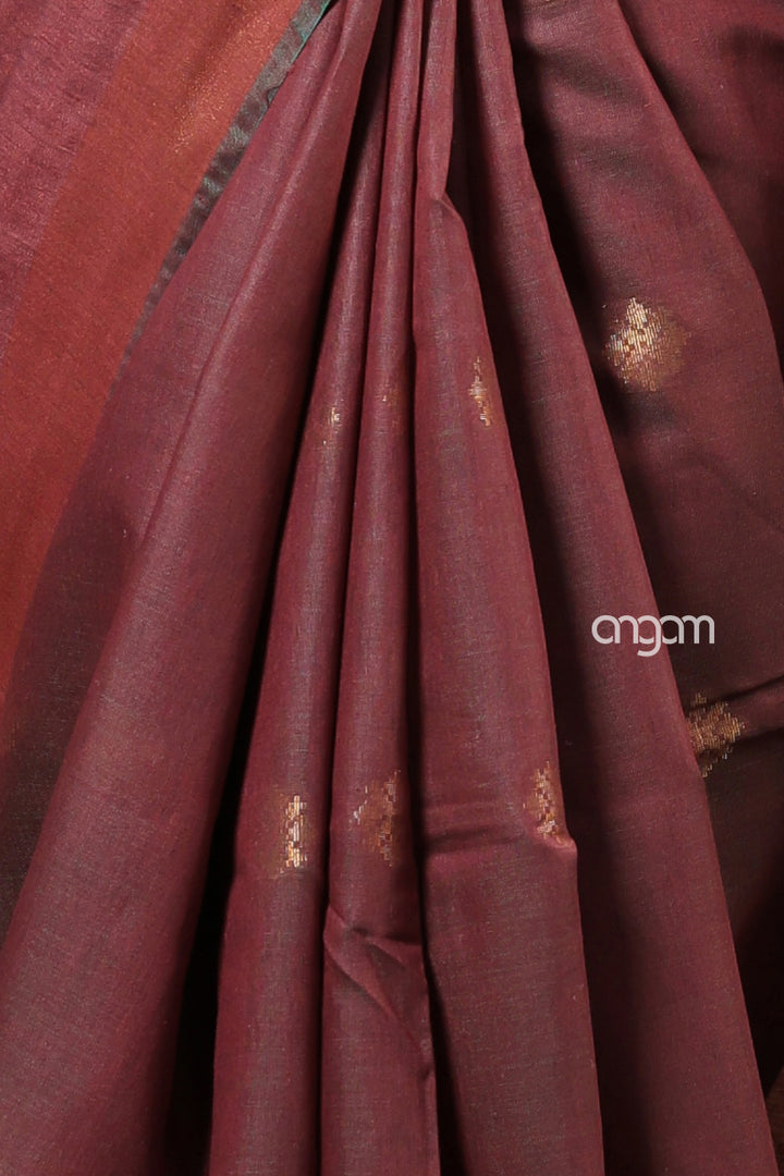 Elegant Brown Liva Saree with Zari Motifs and Border Design