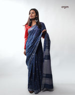 Load image into Gallery viewer, Elegant Navy Blue Liva Cotton Saree with Woven Borders
