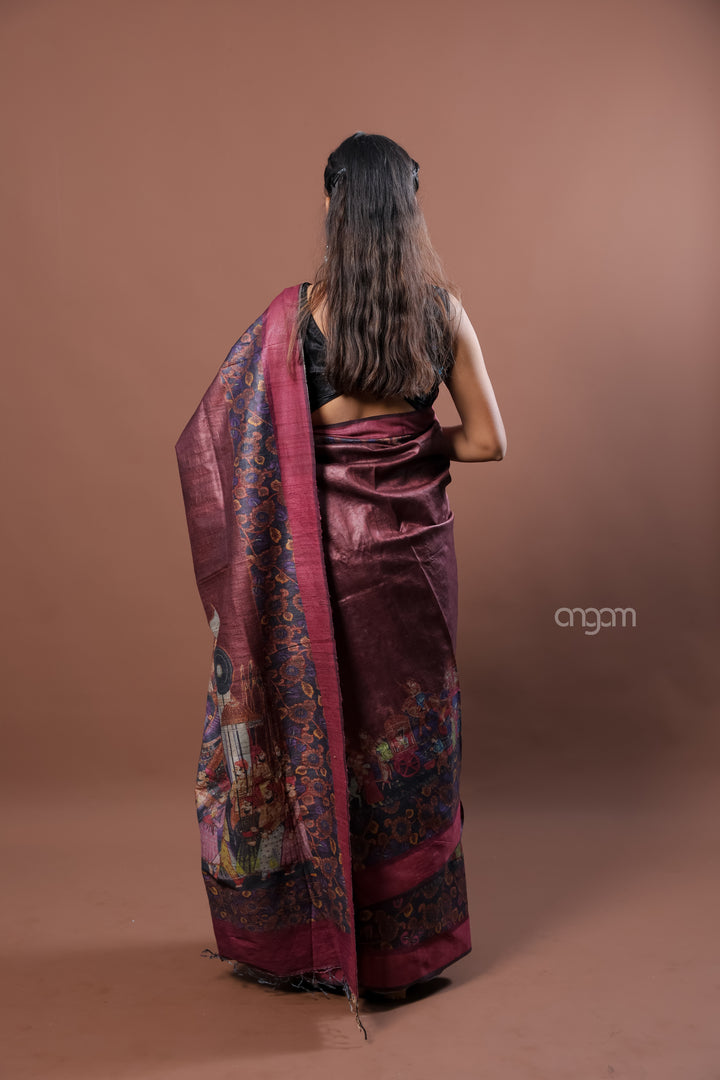 Kolika Tussar Digital Print Saree in Maroon with Artistic Motifs