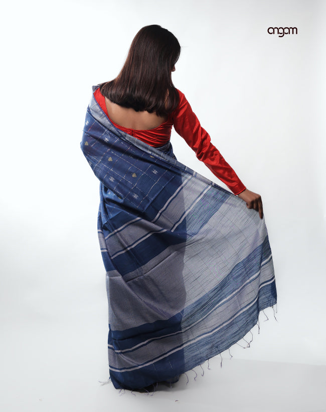 Elegant Navy Blue Liva Cotton Saree with Woven Borders