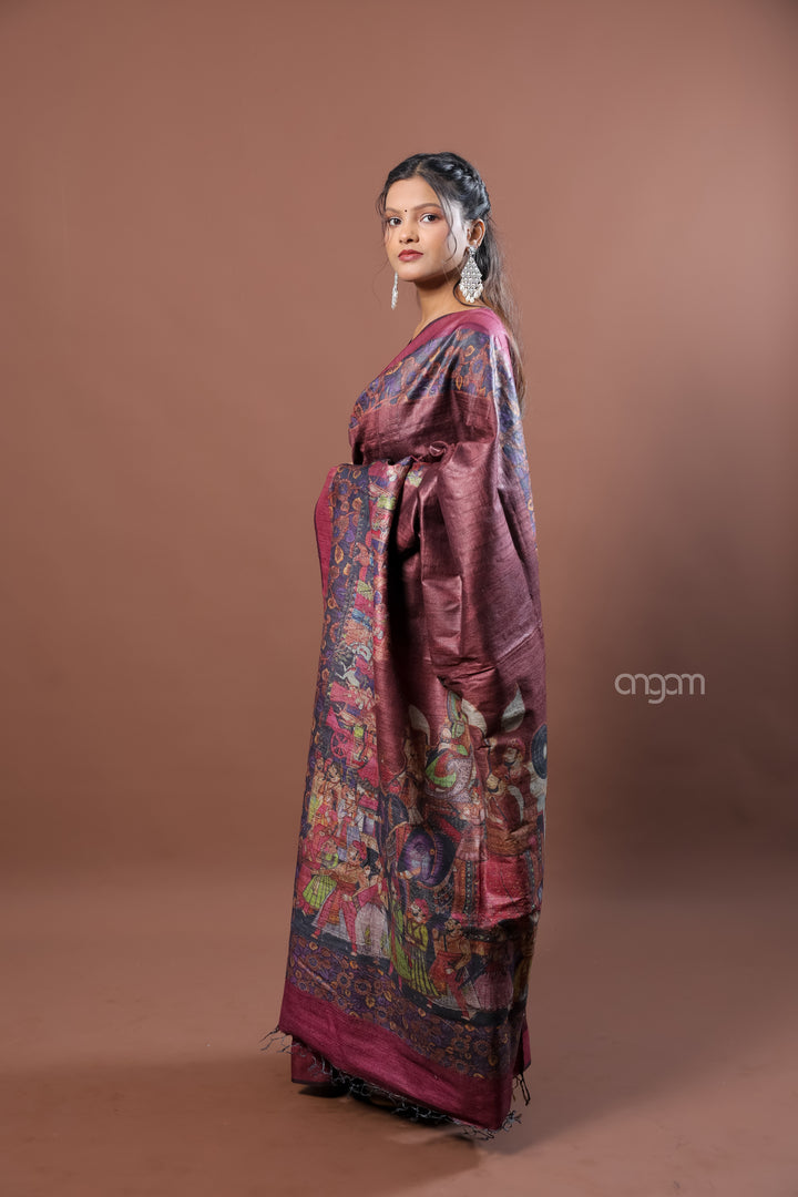 Kolika Tussar Digital Print Saree in Maroon with Artistic Motifs