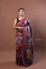 Load image into Gallery viewer, Kolika Tussar Digital Print Saree in Maroon with Artistic Motifs
