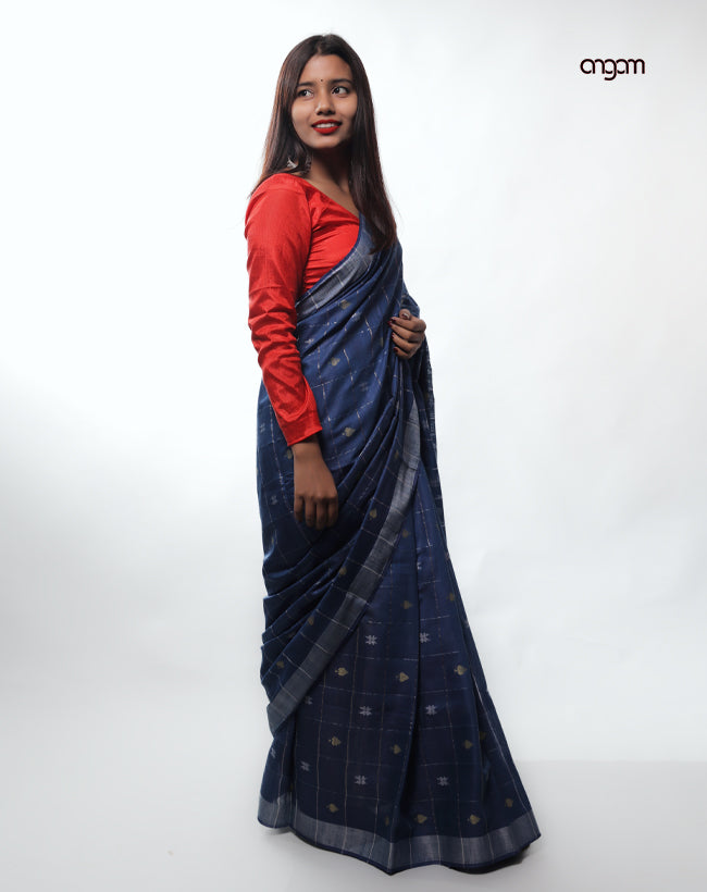 Elegant Navy Blue Liva Cotton Saree with Woven Borders