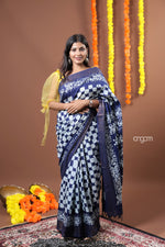 Load image into Gallery viewer, Elegant Navy Blue Kolika Mercerised Cotton Saree with White Prints
