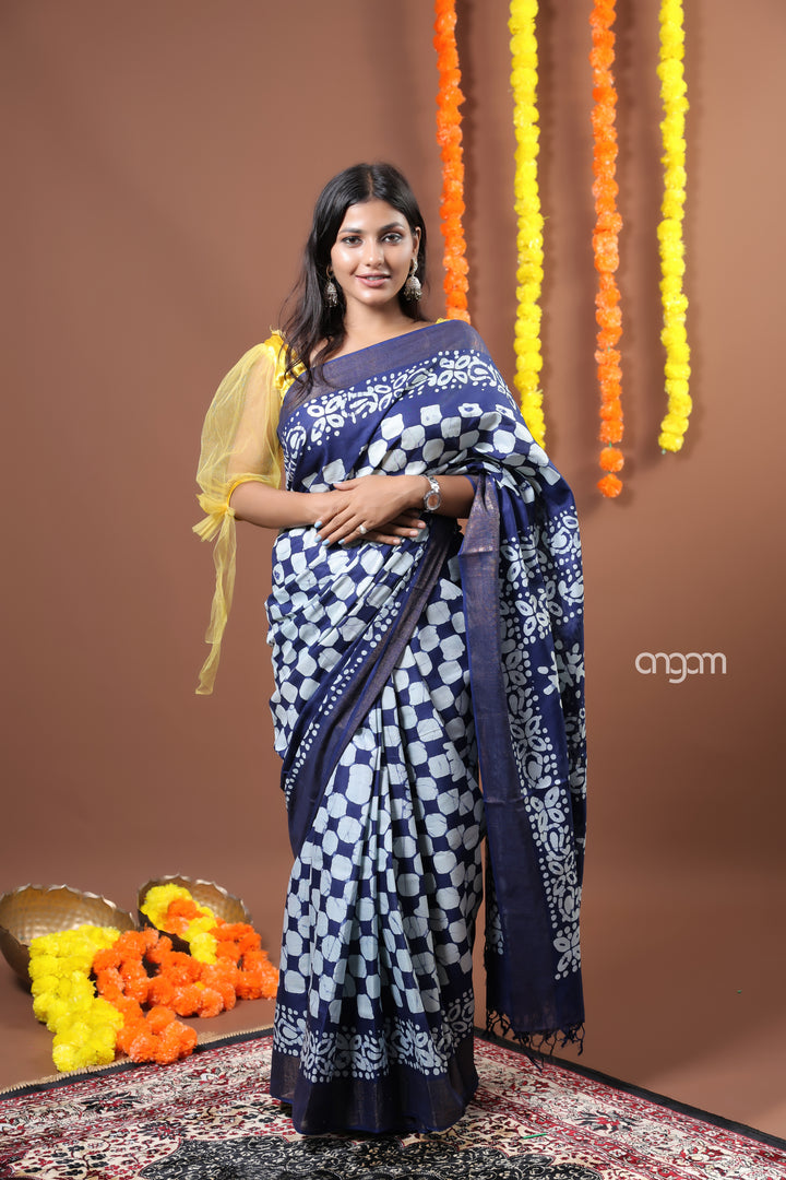 Elegant Navy Blue Kolika Mercerised Cotton Saree with White Prints