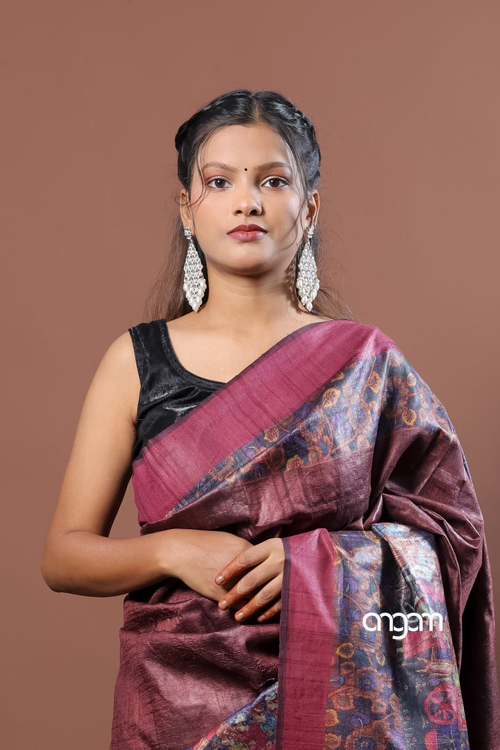 Kolika Tussar Digital Print Saree in Maroon with Artistic Motifs