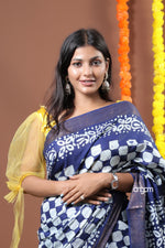 Load image into Gallery viewer, Elegant Navy Blue Kolika Mercerised Cotton Saree with White Prints

