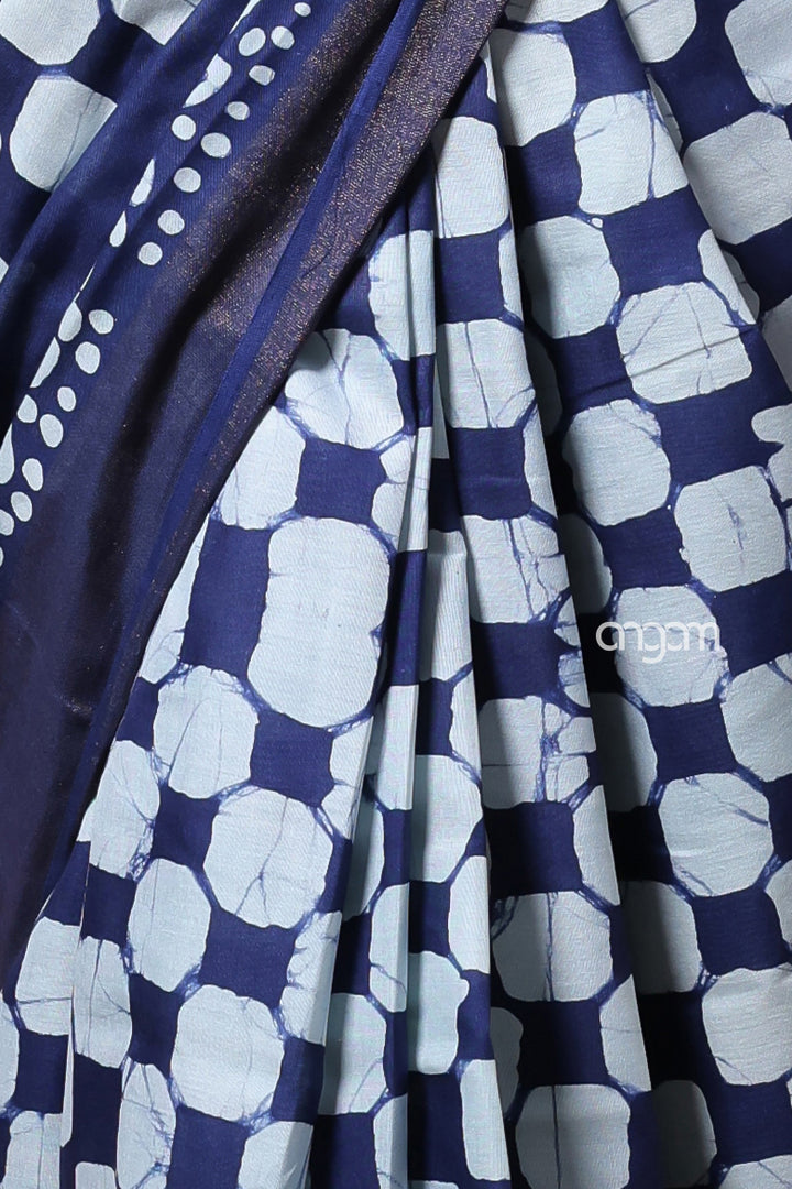 Elegant Navy Blue Kolika Mercerised Cotton Saree with White Prints
