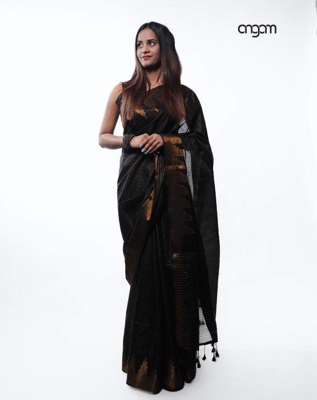 Elegant Black Kota Viscose Saree with Gold Woven Detailing