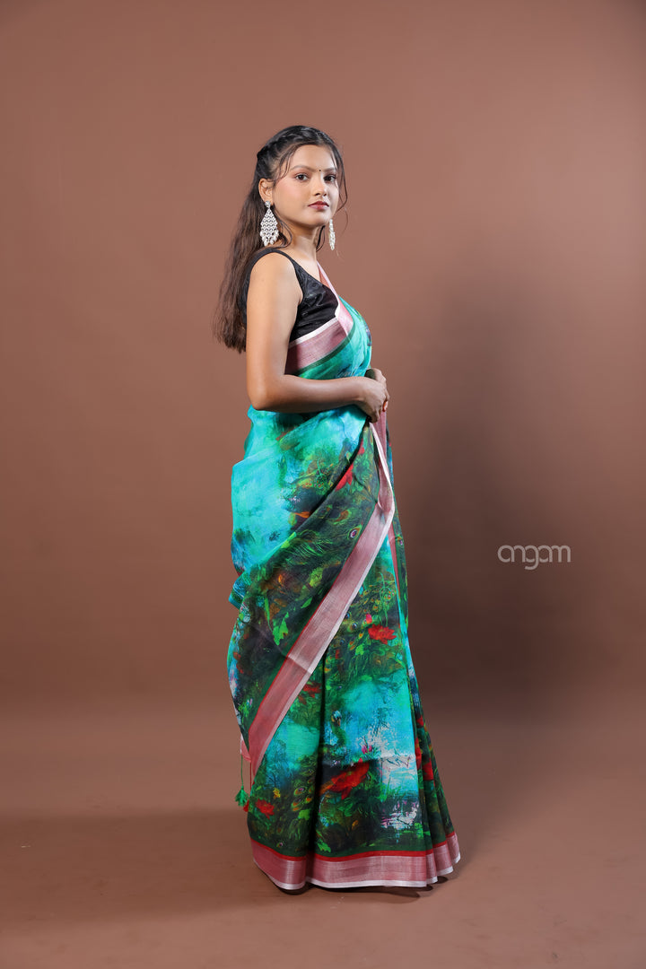 Stunning Green Linen Digital Print Saree with Contrasting Border