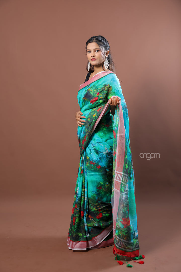 Stunning Green Linen Digital Print Saree with Contrasting Border