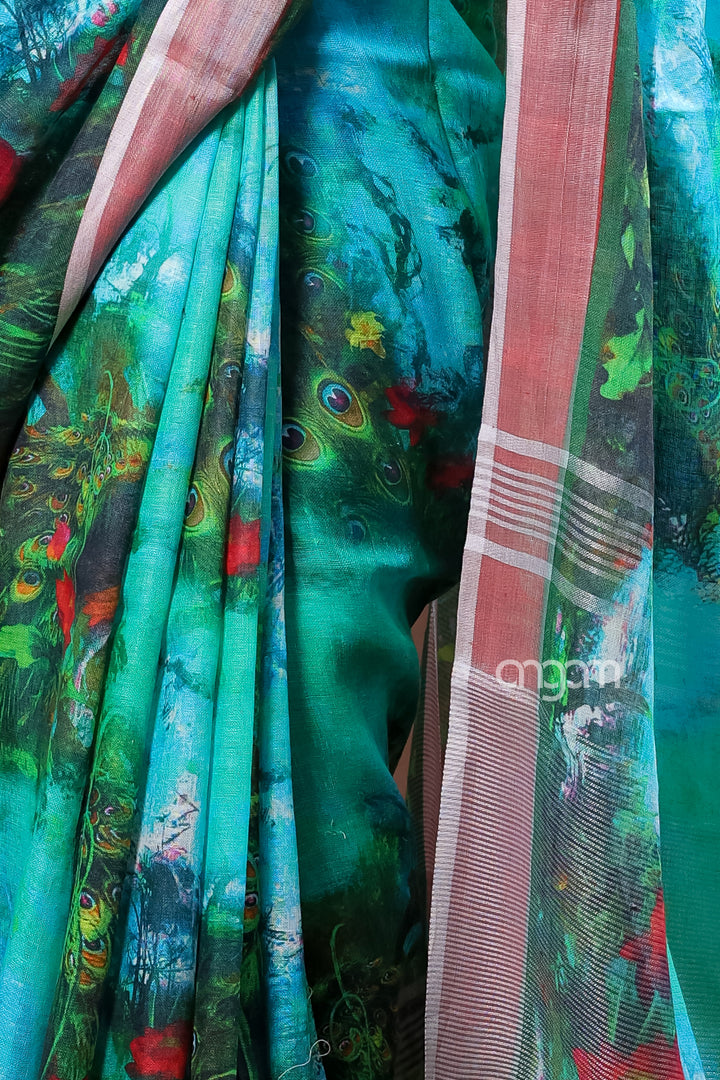 Stunning Green Linen Digital Print Saree with Contrasting Border