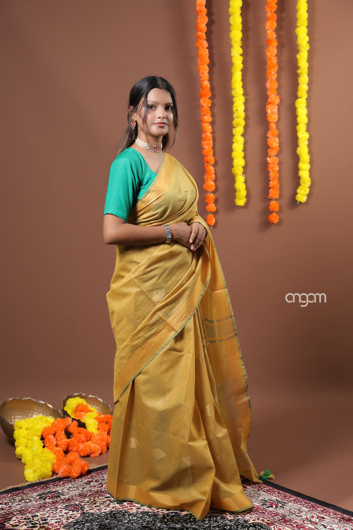 Elegant Mustard Yellow Liva Saree with Subtle Woven Designs