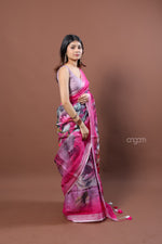 Load image into Gallery viewer, Elegant Pink Linen Digital Print Saree with Floral Motifs &amp; Border
