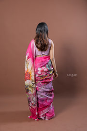 Elegant Pink Linen Digital Print Saree with Floral Motifs & Border