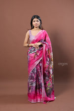 Load image into Gallery viewer, Elegant Pink Linen Digital Print Saree with Floral Motifs &amp; Border
