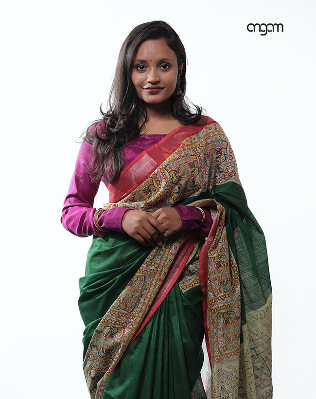 Elegant Green Cotton Slub Saree with Intricate Printed Pallu Design
