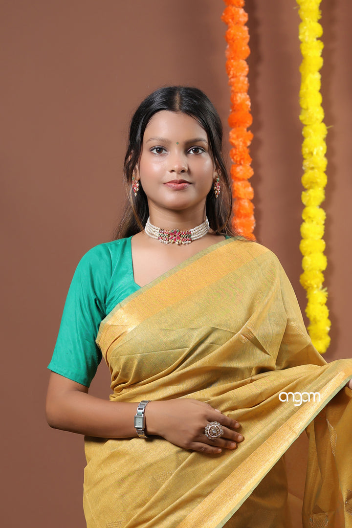 Elegant Mustard Yellow Liva Saree with Subtle Woven Designs