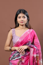 Load image into Gallery viewer, Elegant Pink Linen Digital Print Saree with Floral Motifs &amp; Border
