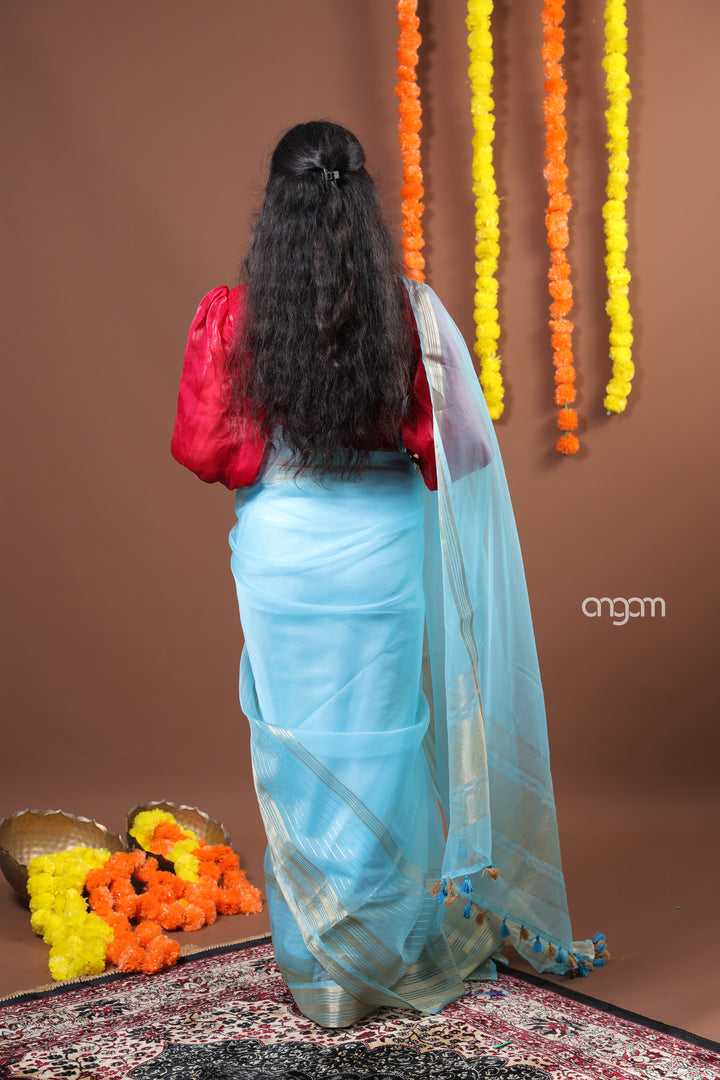 Elegant Sky Blue Organza Saree with Golden Border and Sheen