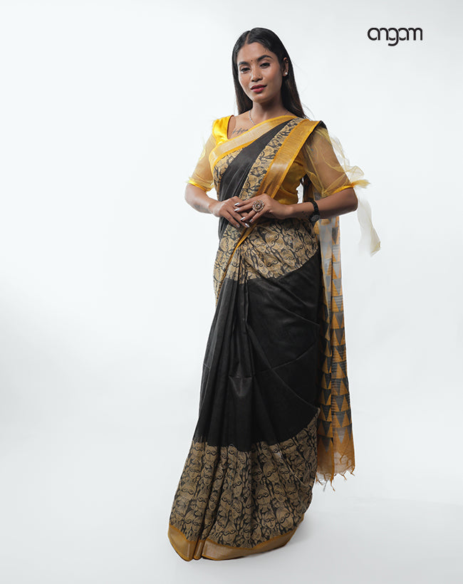 Elegant Black Cotton Slub Saree with Artistic Printed Border Design