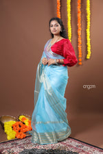 Load image into Gallery viewer, Elegant Sky Blue Organza Saree with Golden Border and Sheen
